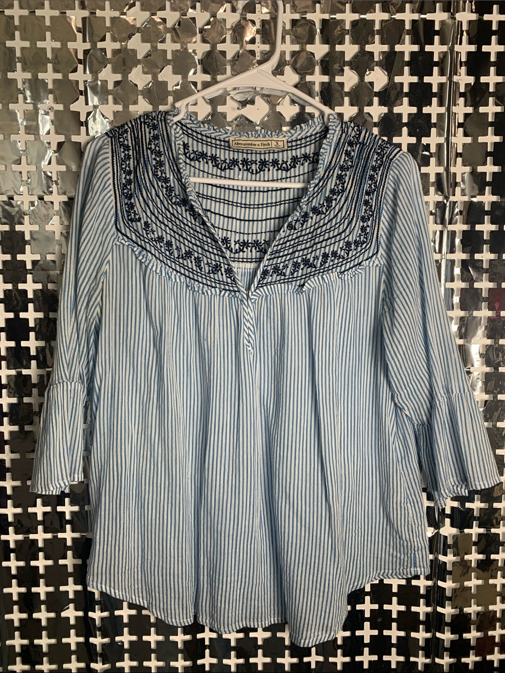 Abercrombie & Fitch Blue and White Striped Embroidered Peasant Top